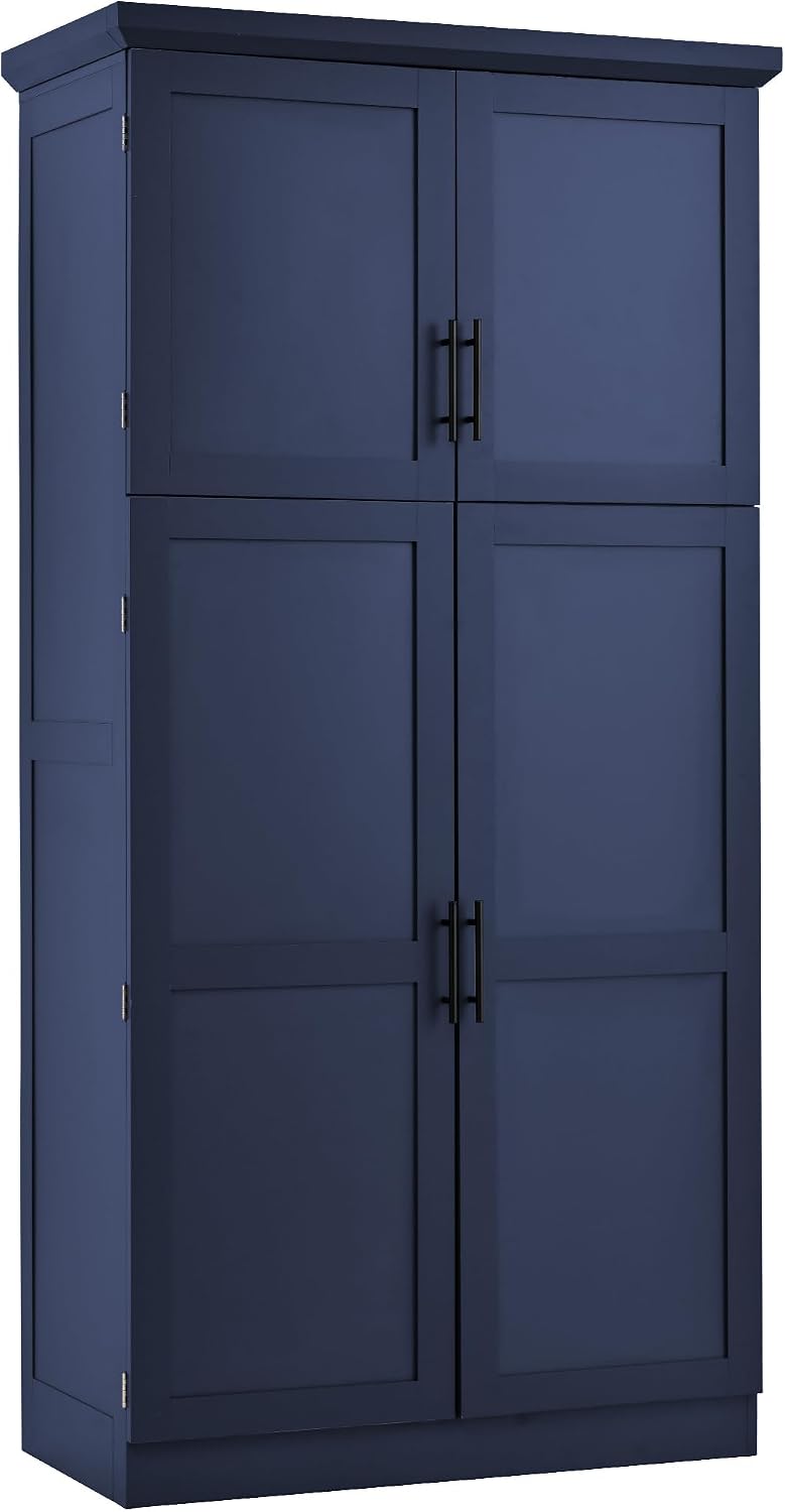 Tall 4 Doors Kitchen Pantry Cabinet with 8 Pull-Out Trays, Freestanding Pantry Storage Cabinet with 2 Door Shelves and Adjustable Shelf for Kitchen, Dining Room (Blue)