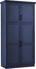 Tall 4 Doors Kitchen Pantry Cabinet with 8 Pull-Out Trays, Freestanding Pantry Storage Cabinet with 2 Door Shelves and Adjustable Shelf for Kitchen, Dining Room (Blue)