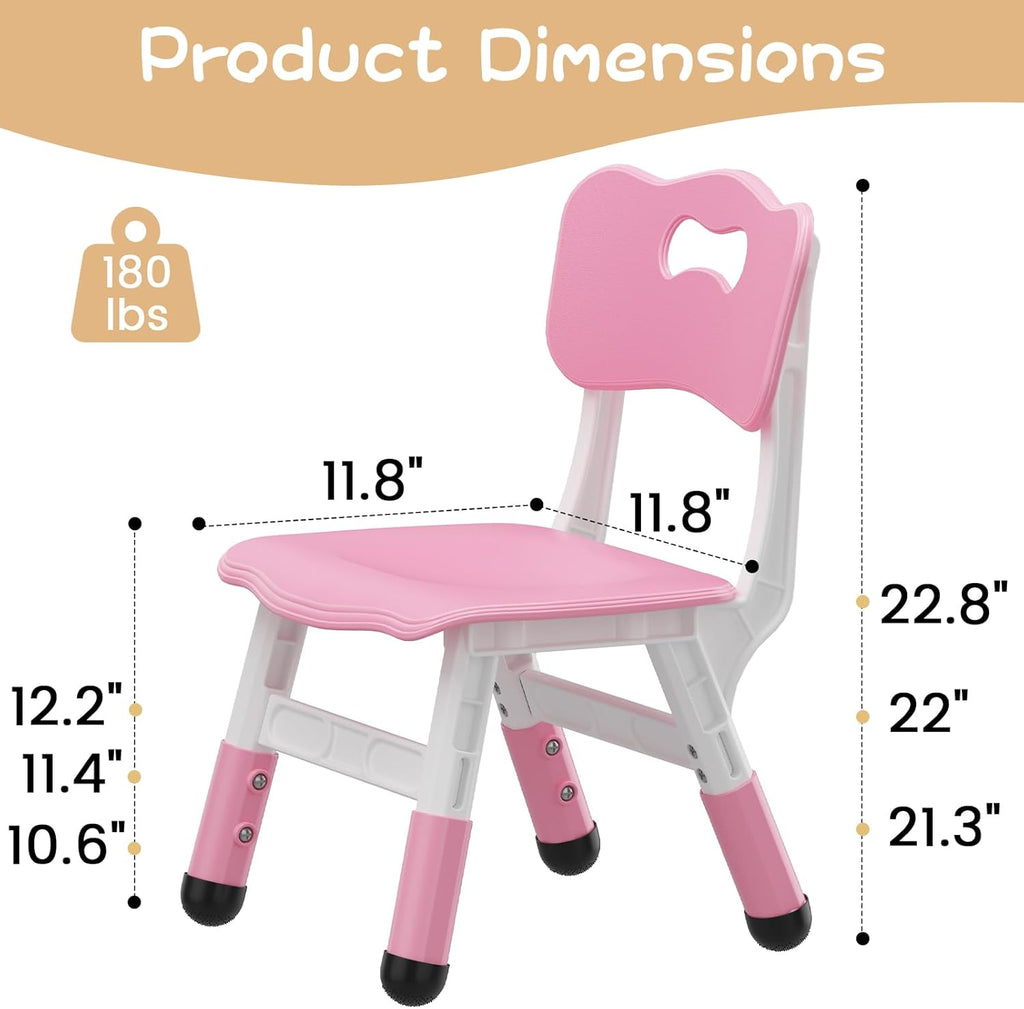 2 Pack Adjustable Kids Chair, 3 Height Levels Plastic Toddler Chair with Non-Slip Feet, 220lbs Load Capacity, Indoor Outdoor Home Kindergarten Chair for 3-8 Years Old-Pink