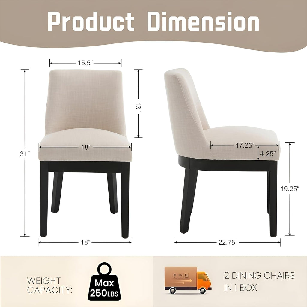 HNY Modern Dining Chairs Set of 2 with Comfortable Back Support, Farmhouse Soft Linen Upholstered Dining Room Chairs with Black Solid Wood Legs, Armless Kitchen Side Chairs for Living Room, Beige