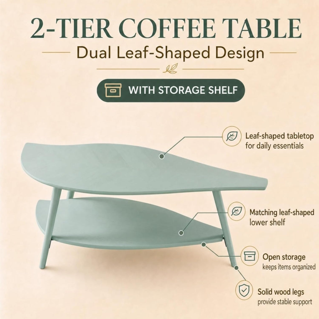 Small Coffee Table with Storage,Unique Leaf Handcrafted Marquetry,Mid Century Modern Oval Wooden Coffee Table,Natural Oak Veneer,Solid Wood Legs,for Living Room,Apartment(Sage Green)
