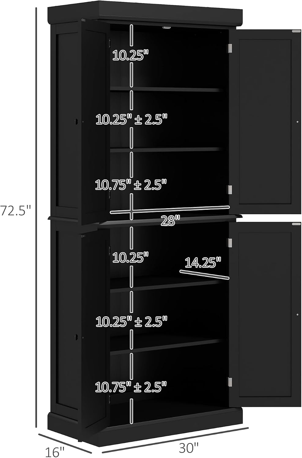 30" D*16" W*72.5" H Freestanding Kitchen Pantry with 4 Adjustable Shelves, 2 Double Doors, Rectangular Storage Cabinet, Traditional, for Living Room, Dining Room, Black