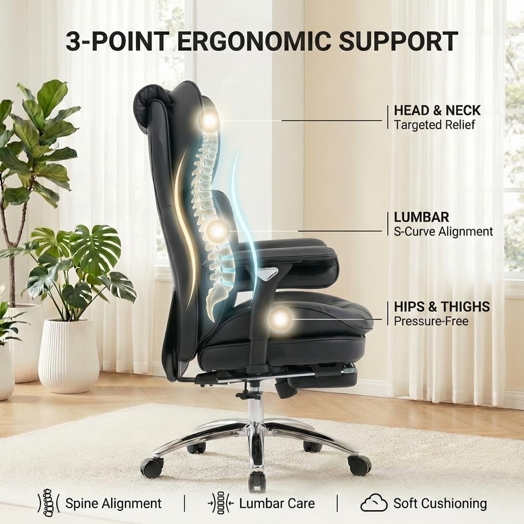 Big and Tall Office Chair, 400lbs Heavy Duty Wide Seat Executive Chair with Footrest, High Back Leather Computer Desk Chair for Home Office (Black)