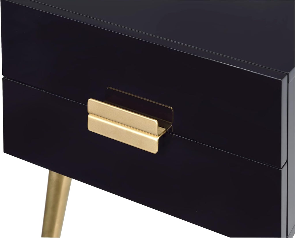 Penau Black and Gold End Table, Rectangular High Gloss Engineered Wood Top, Metal Tapered Gold Legs, 2 Drawers Storage Nightstand, 16.00 x 20.00 x 24.00 Inchs