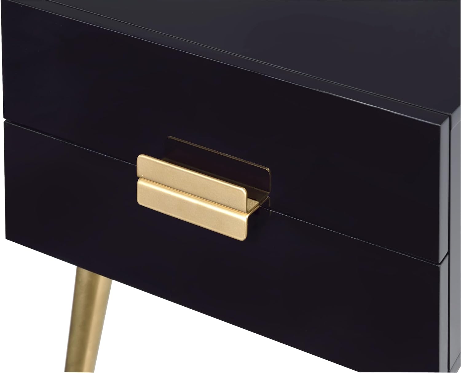 Penau Black and Gold End Table, Rectangular High Gloss Engineered Wood Top, Metal Tapered Gold Legs, 2 Drawers Storage Nightstand, 16.00 x 20.00 x 24.00 Inchs