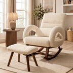 COMHOMA Rocking Chair Nursery with Ottoman,Boucle Teddy Fabric Glider Rocker with High Backrest&Lumber Pillow,Modern Upholstered Accent Armchair with Solid Wood Legs (Beige, Boucle)