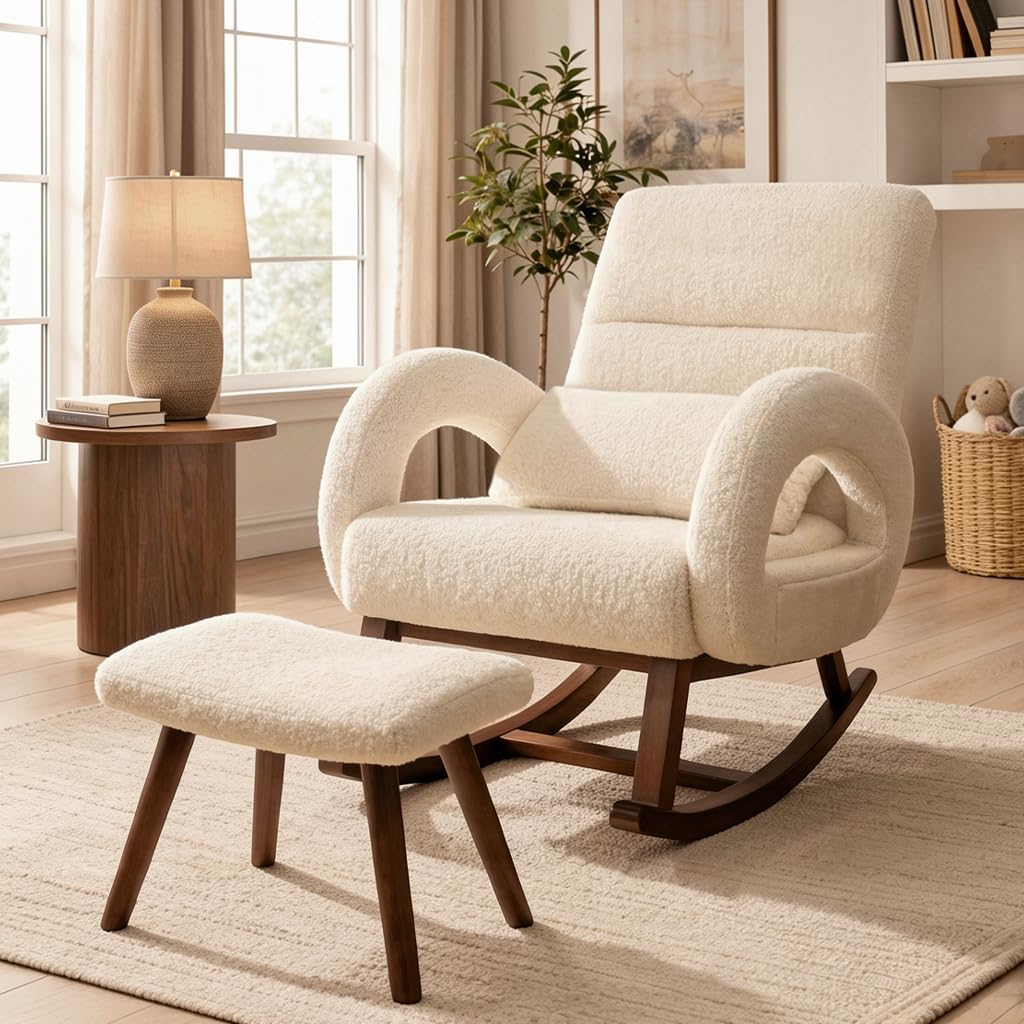 COMHOMA Rocking Chair Nursery with Ottoman,Boucle Teddy Fabric Glider Rocker with High Backrest&Lumber Pillow,Modern Upholstered Accent Armchair with Solid Wood Legs (Beige, Boucle)