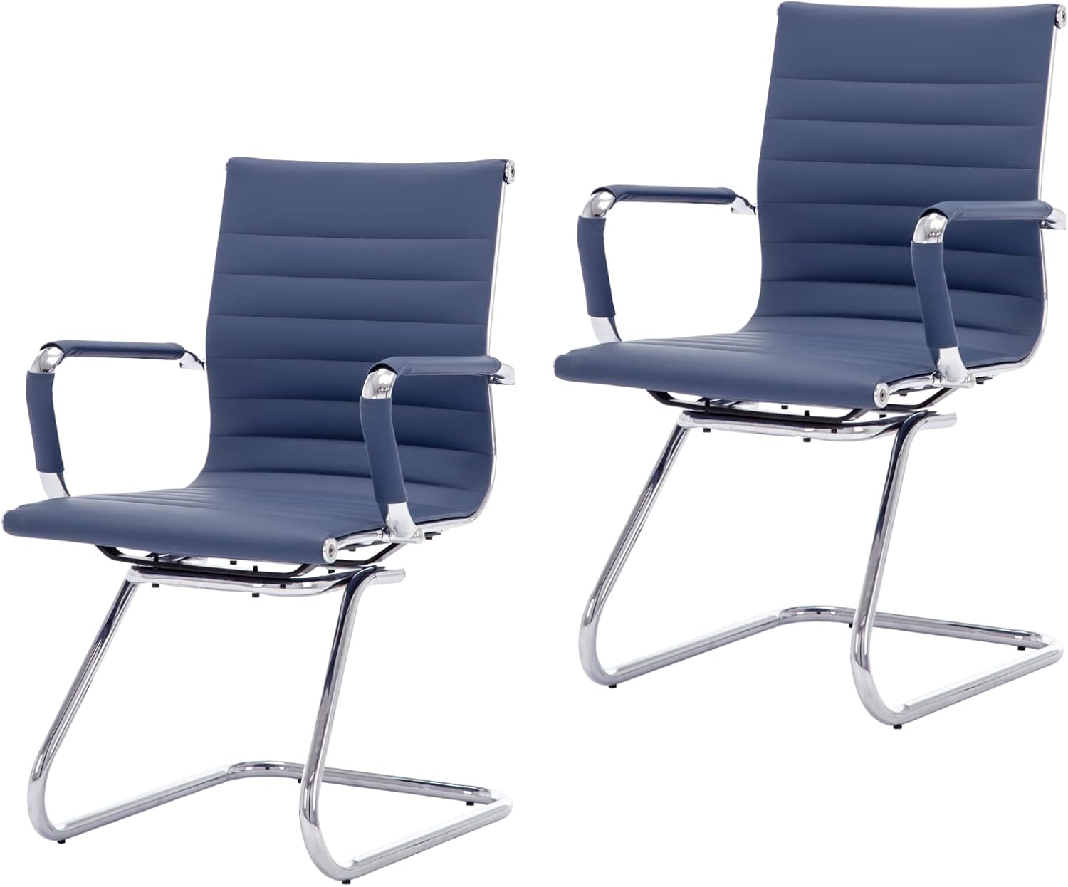 CIMOTA Waiting Room Chairs Leather Office Guest Chair Mid Back Reception Chairs with Sled Base for Meeting/Patient/Conference Room, Navy Set of 2