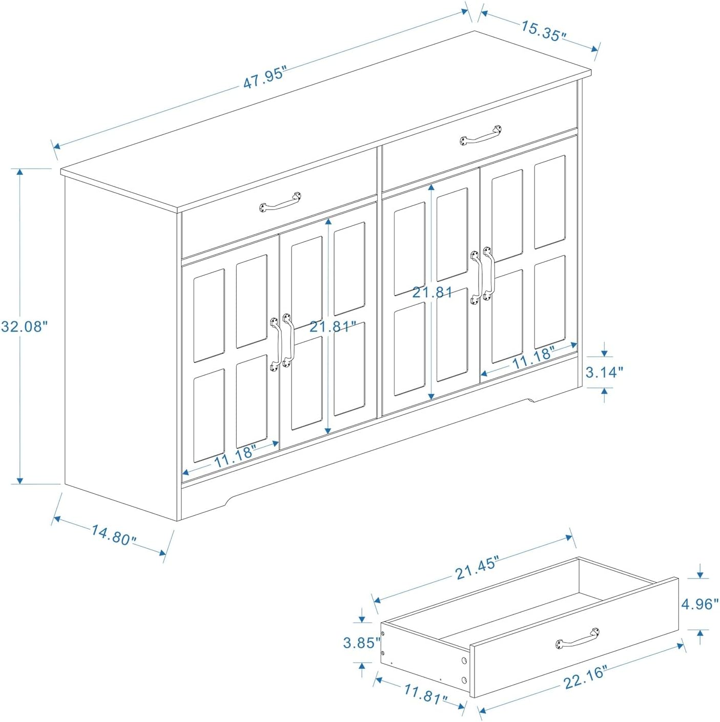 Farmhouse Buffet Cabinet Storage Sideboard, with 2 Drawers and 4 Doors, for Dining Living Room Kitchen,for Kitchen Home