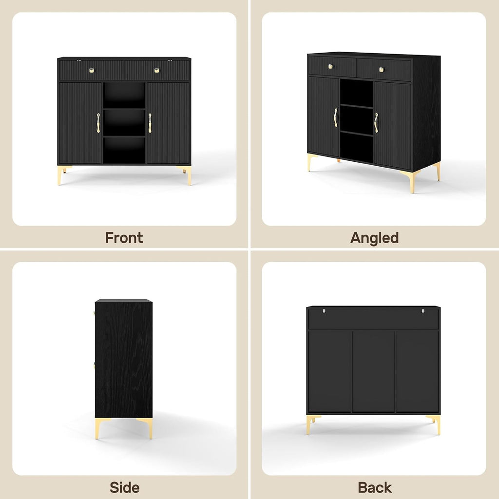 Black Sideboard Buffet Cabinet with Adjustable Shelves, Modern Storage Cabinet with Drawers and Doors, Sleek Buffet for Dining Room, Living Room, Entryway, 39.4 Inch