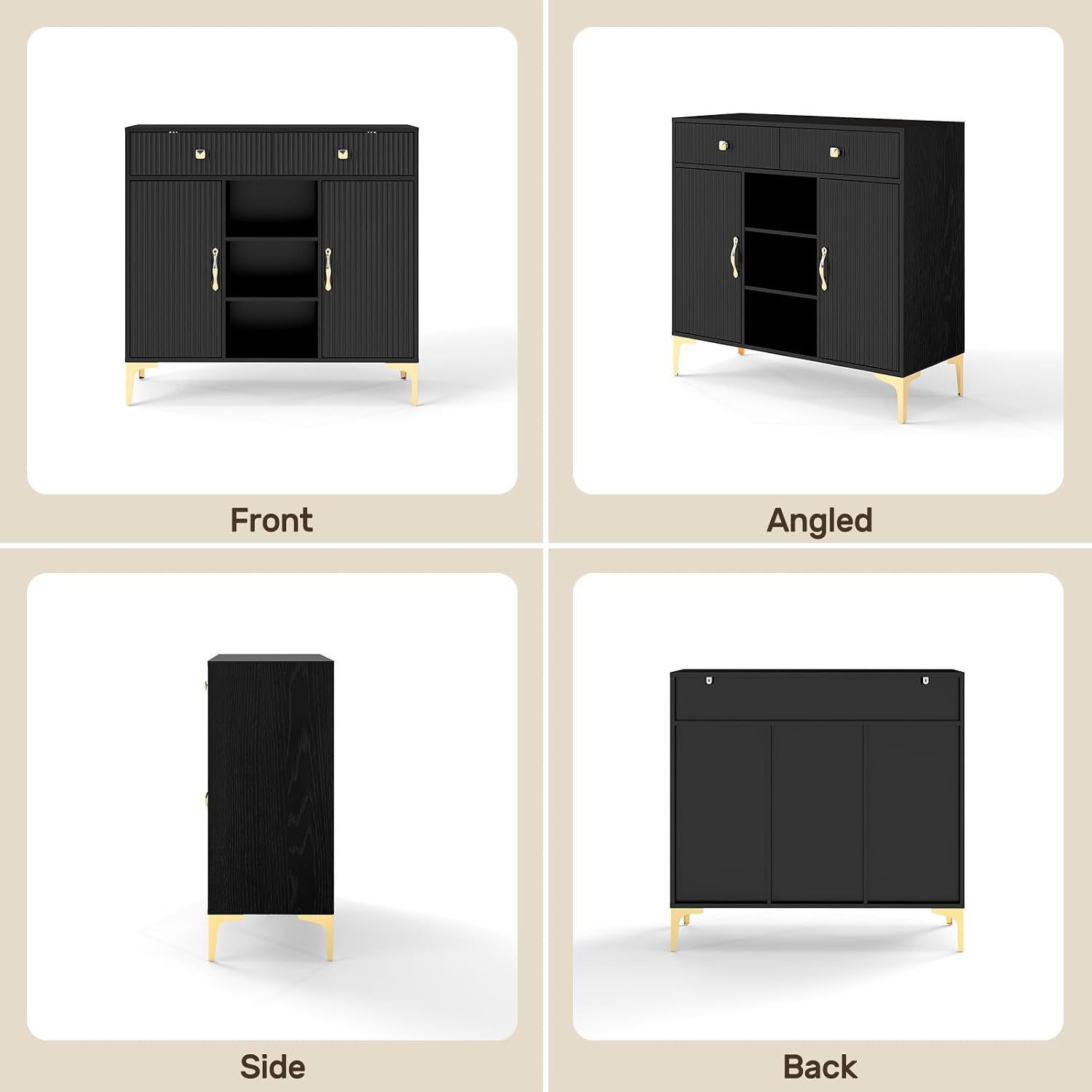 Black Sideboard Buffet Cabinet with Adjustable Shelves, Modern Storage Cabinet with Drawers and Doors, Sleek Buffet for Dining Room, Living Room, Entryway, 39.4 Inch