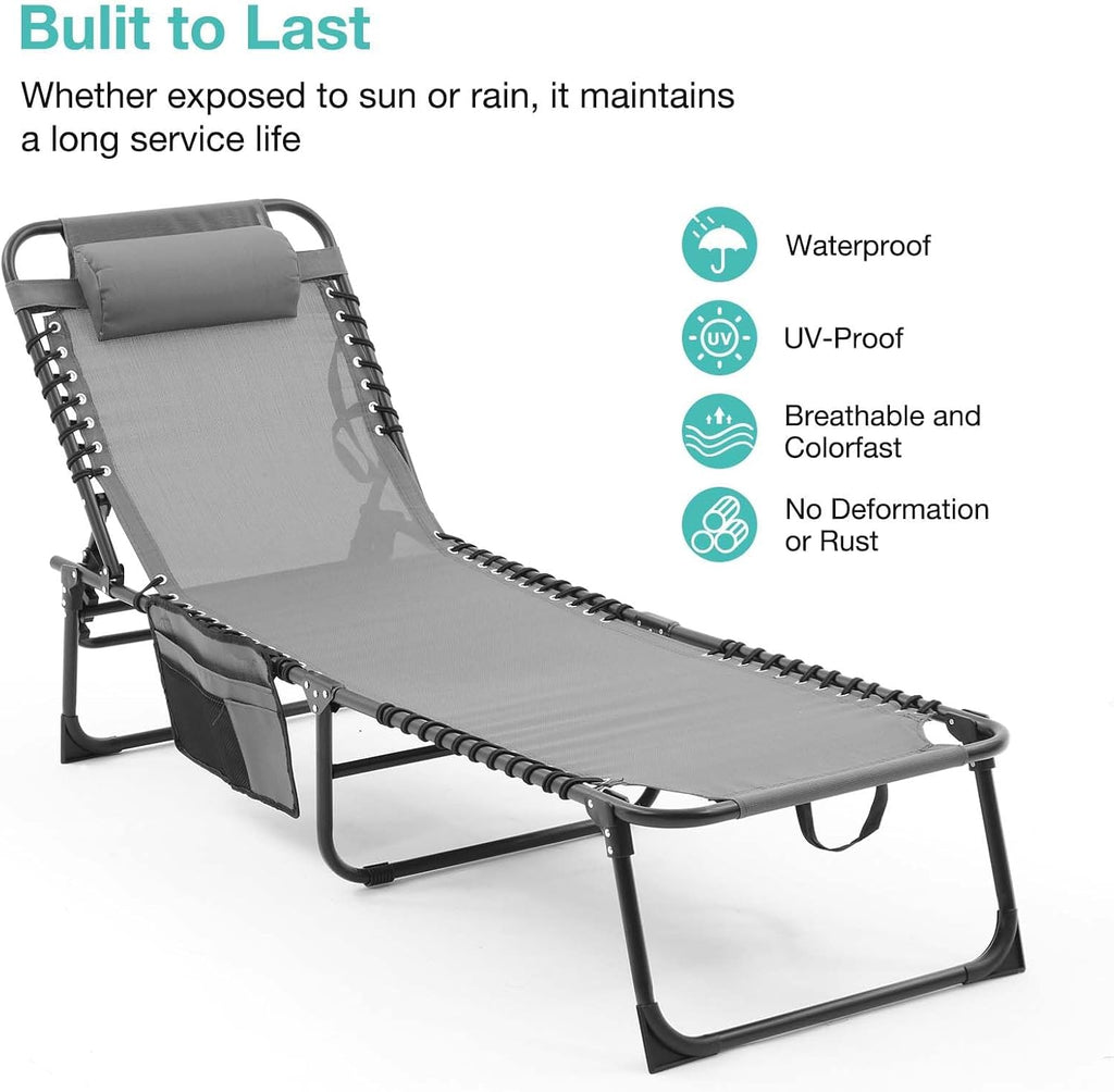 Gray Lounge Chairs for Outside, Folding Beach Lounger with Carrying Handle and Side Pocket, 5-Position Adjustable Sun Tanning Chair Removable Pillow for Pool, Beach, Patio, Lawn