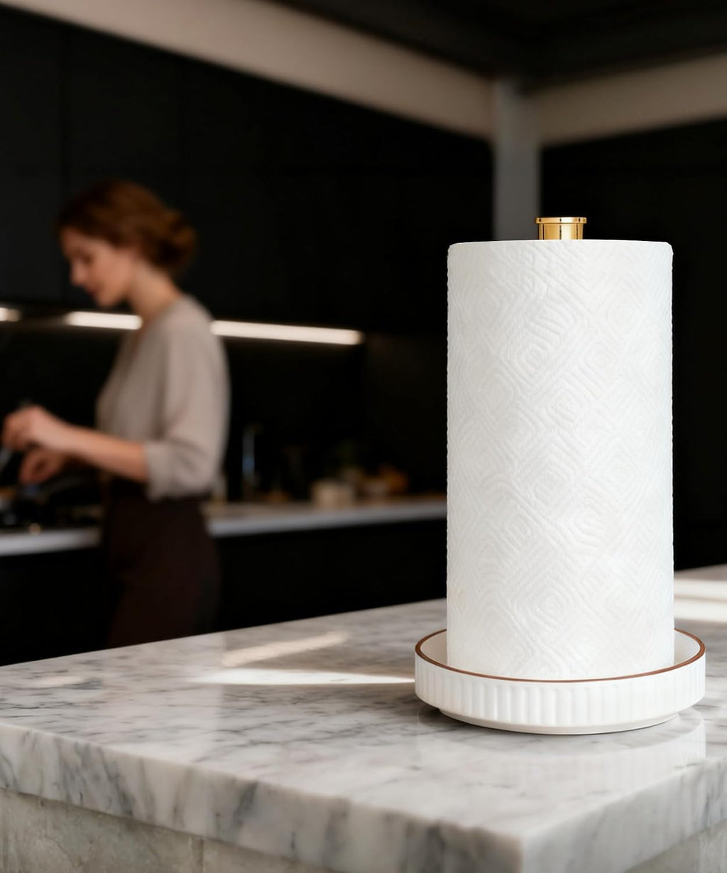 Paper Towel Holder, Ceramic Heavy Plate Base Wobble-Free, Roll Stand-Gold | Effortless Cleaning and Easy to Assemble, Super Large for Triple Rolls, High End Looking as a Good Gift for Kitchen Island