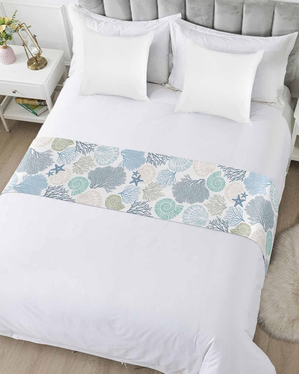Blue Teal Coral Bed Runners for Queen Size Bed, Bed Throws for Foot of Bed, Summer Beach Starfish Coastal Modern Geometric Bed Runner Sofa Throw Bedding Scarf Protector Slipcover for Bedroom