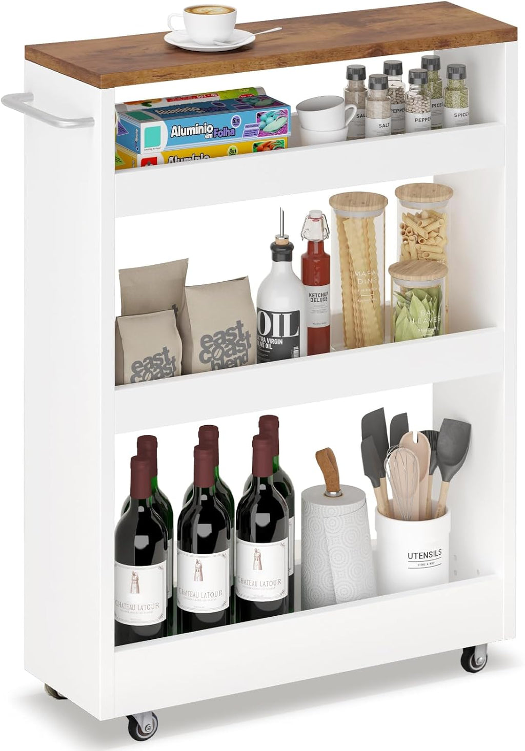 TEAMIX 4 Tier Slim Rolling Storage Cart with Wheels, 24.8D x 7.9W Inches, Height Adjustable, Deeper Utility Cart with Handle Narrow Shelf Organizer for Kitchen Laundry Bathroom Pantry Office (White)