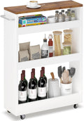 TEAMIX 4 Tier Slim Rolling Storage Cart with Wheels, 24.8D x 7.9W Inches, Height Adjustable, Deeper Utility Cart with Handle Narrow Shelf Organizer for Kitchen Laundry Bathroom Pantry Office (White)