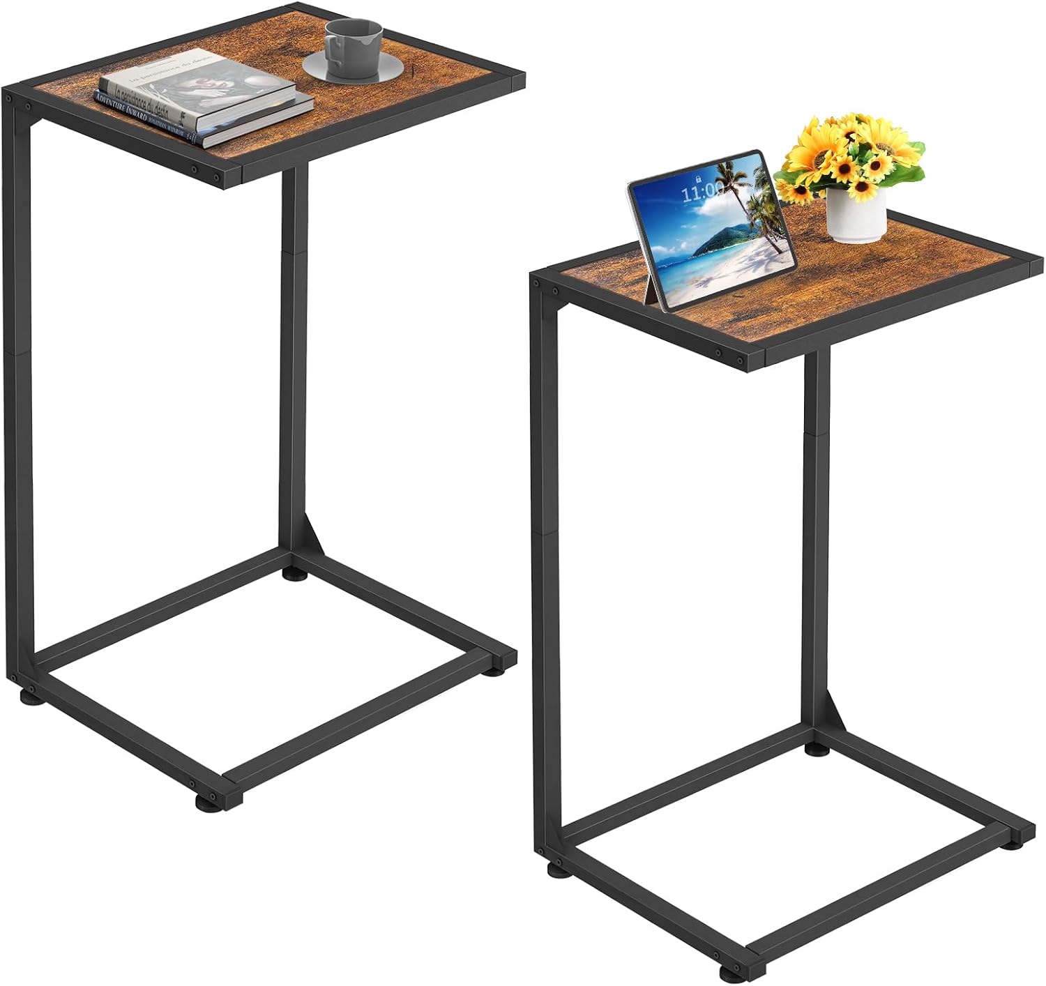 C Shaped End Table, Sofa Side Table for Couch and Bed, Snack Table with Wood Look Top, Metal Frame Bedside Table for Living Room, Bedroom