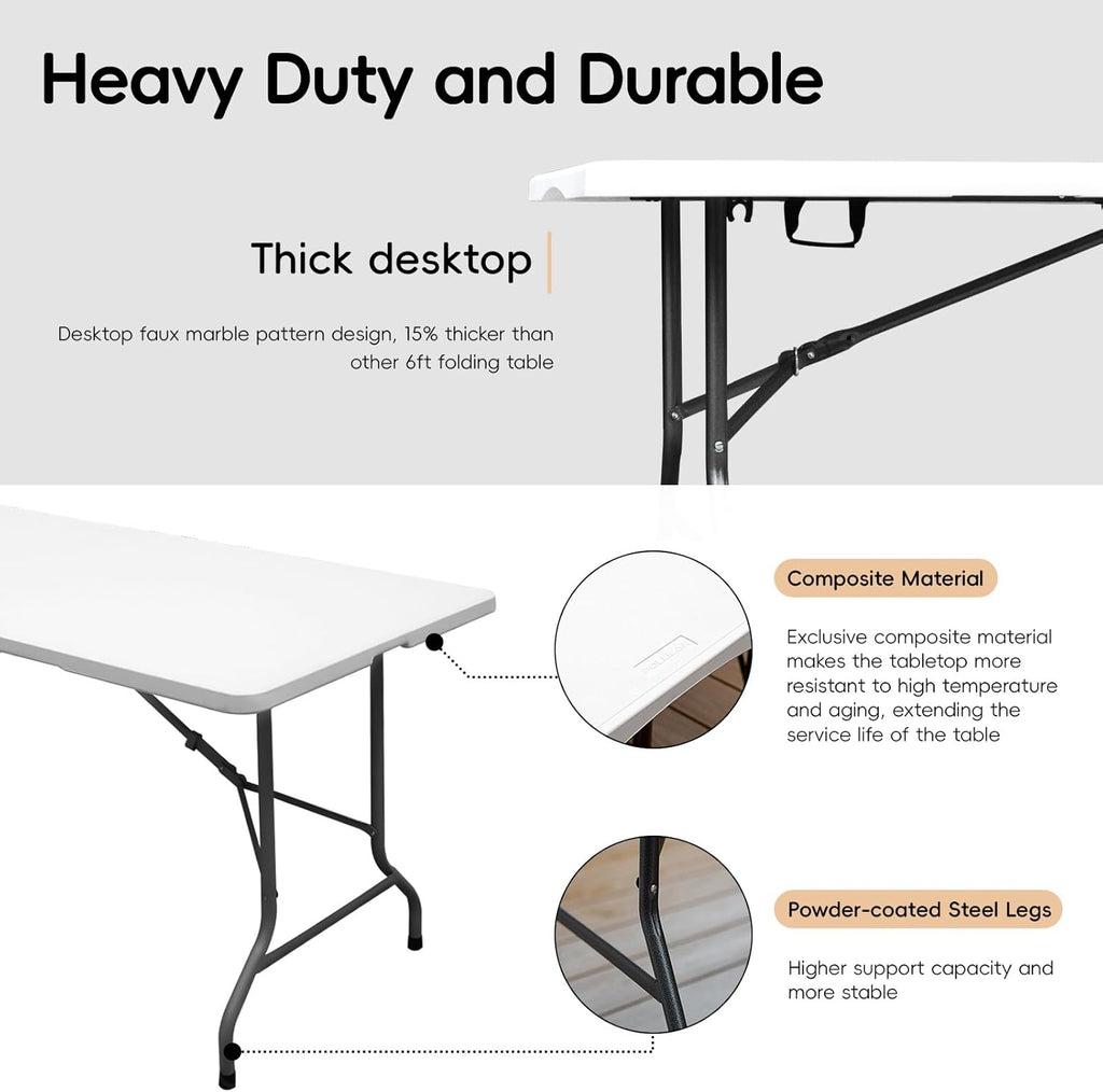 pollilar 6FT Folding Table Plastic 6 Foot Foldable Table HDPE Portable Banquet Surface Fold-in-Half Desk Utility for Working Meeting,Parties, Picnic, Camping, Weddings, Catering, Garden Dining-White