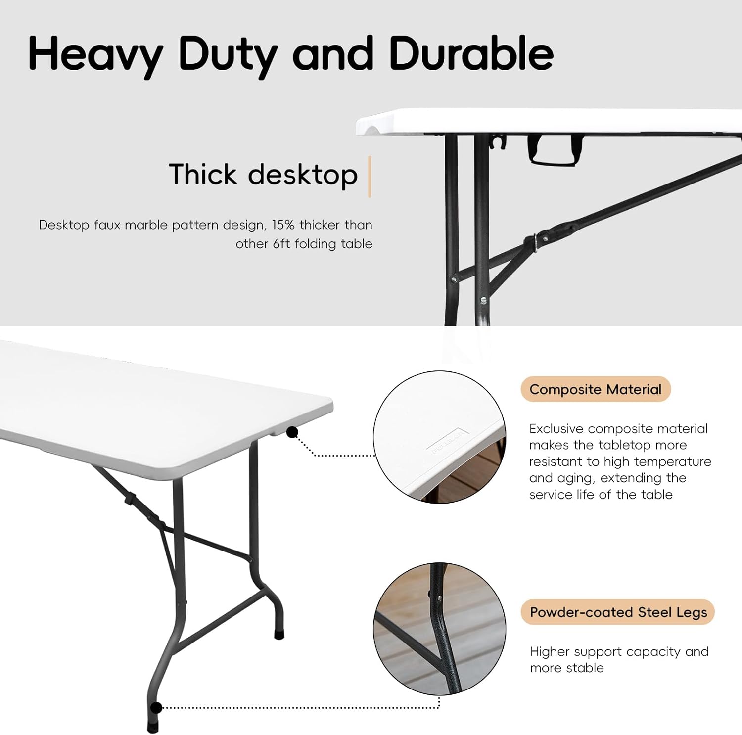 pollilar 6FT Folding Table Plastic 6 Foot Foldable Table HDPE Portable Banquet Surface Fold-in-Half Desk Utility for Working Meeting,Parties, Picnic, Camping, Weddings, Catering, Garden Dining-White