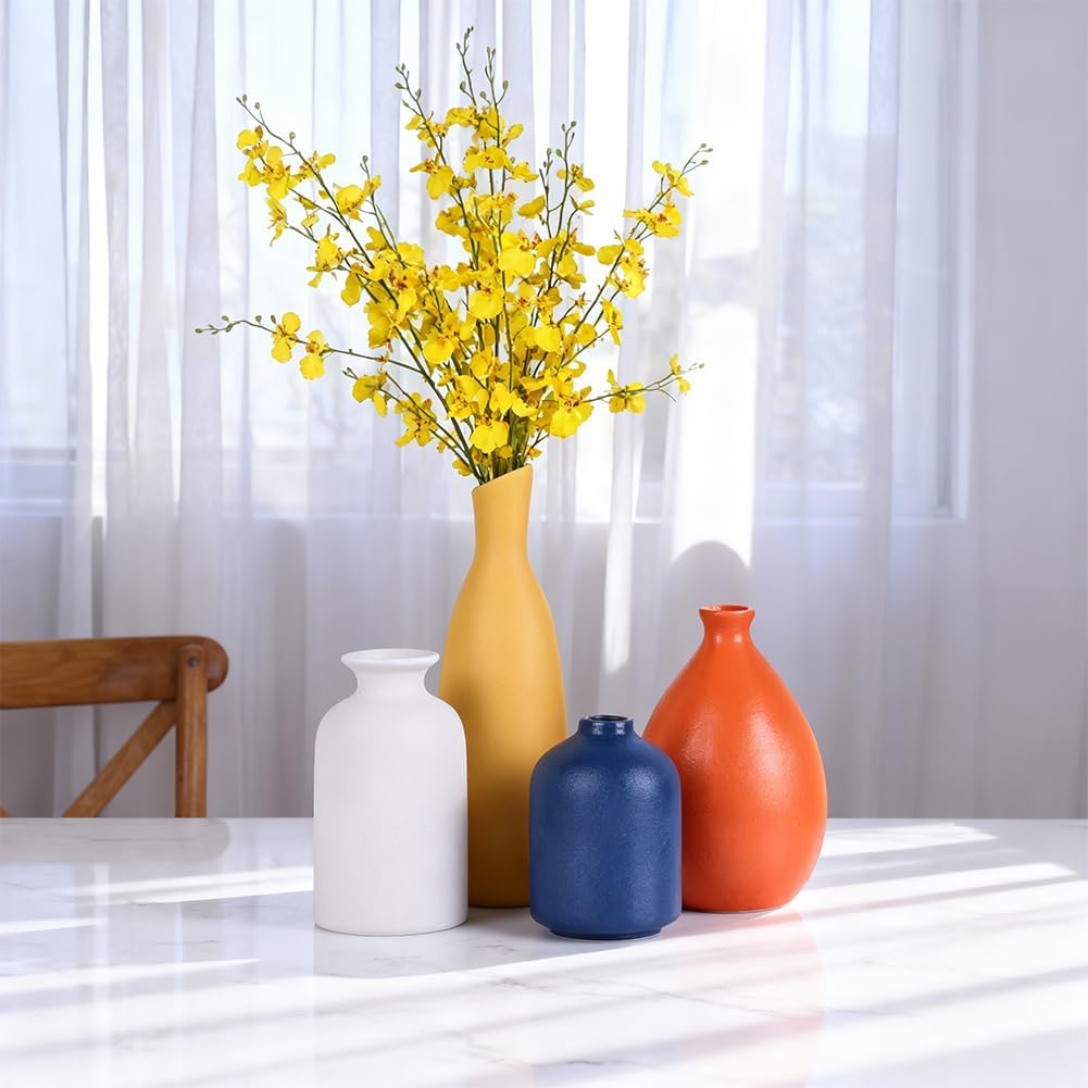 Multi-Color Ceramic Small Bud Vases Set of 4, White Yellow Orange Blue Vase, Modern Minimalism Style Vases for Rustic Home Decor, Ideal Decorative Vases for Living Room, Dining Room, Mantel, Entryway