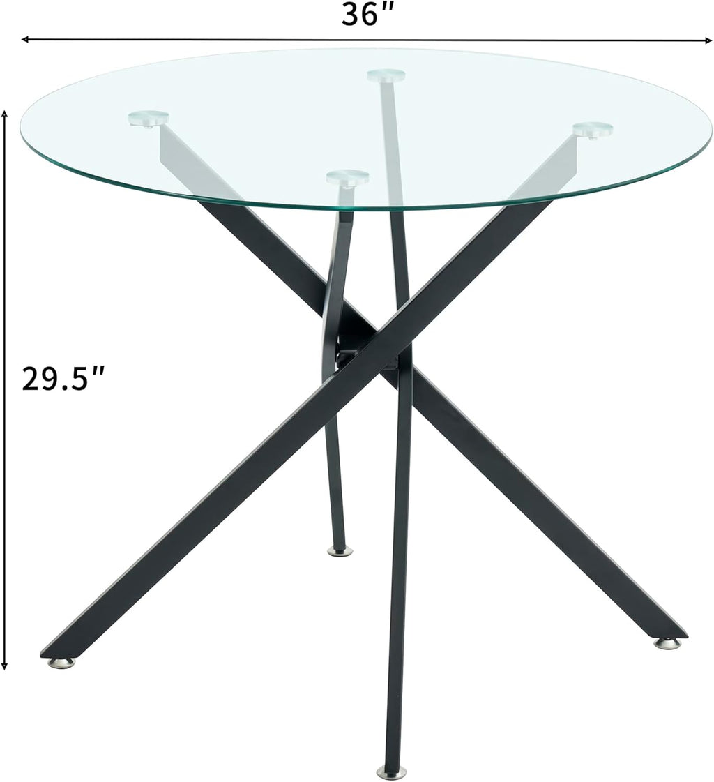 Modern Glass Dining Table Round Dining Room Table with Tempered Glass Top, Black Metal Legs Circle Kitchen Dining Room Table Home Furniture, 36" D x 36" W x 30" H