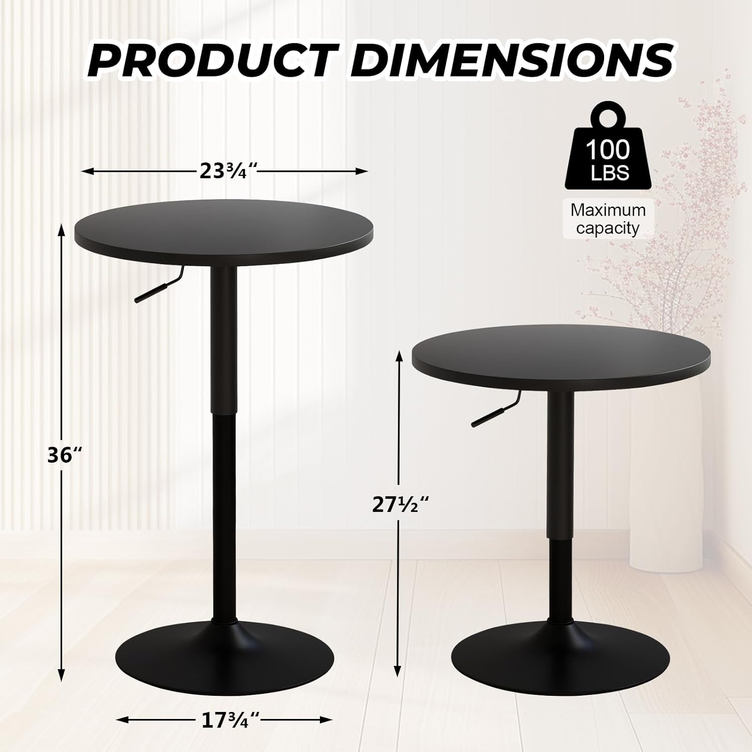 Furniliving Adjustable Height Pub Table 27''-36'', Round Cocktail Tables for Parties, High Top Table for Bistro, Dining Room, Restaurant, Cafe, Events, Set of 2, Black