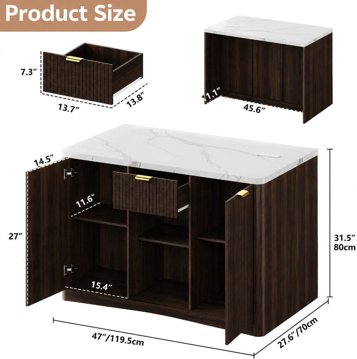 Marble Top Kitchen Island, 47.2" W Kitchen Island on Wheels Islands Table with Power Outlet Rolling Coffee Bar Cart with Buffet Cabinet & Drawer for Dining Room Breakfast Bar Table - Walnut