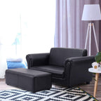 Costzon Kids Couch with Footstool, 2 in 1 Double Seat Children's Sofa w/PU Leather Surface, Armrest Chair Lounge, Soft Kids Sofa for Preschool Bedroom Kids Room Toddlers Boys Girls Birthday (Black)