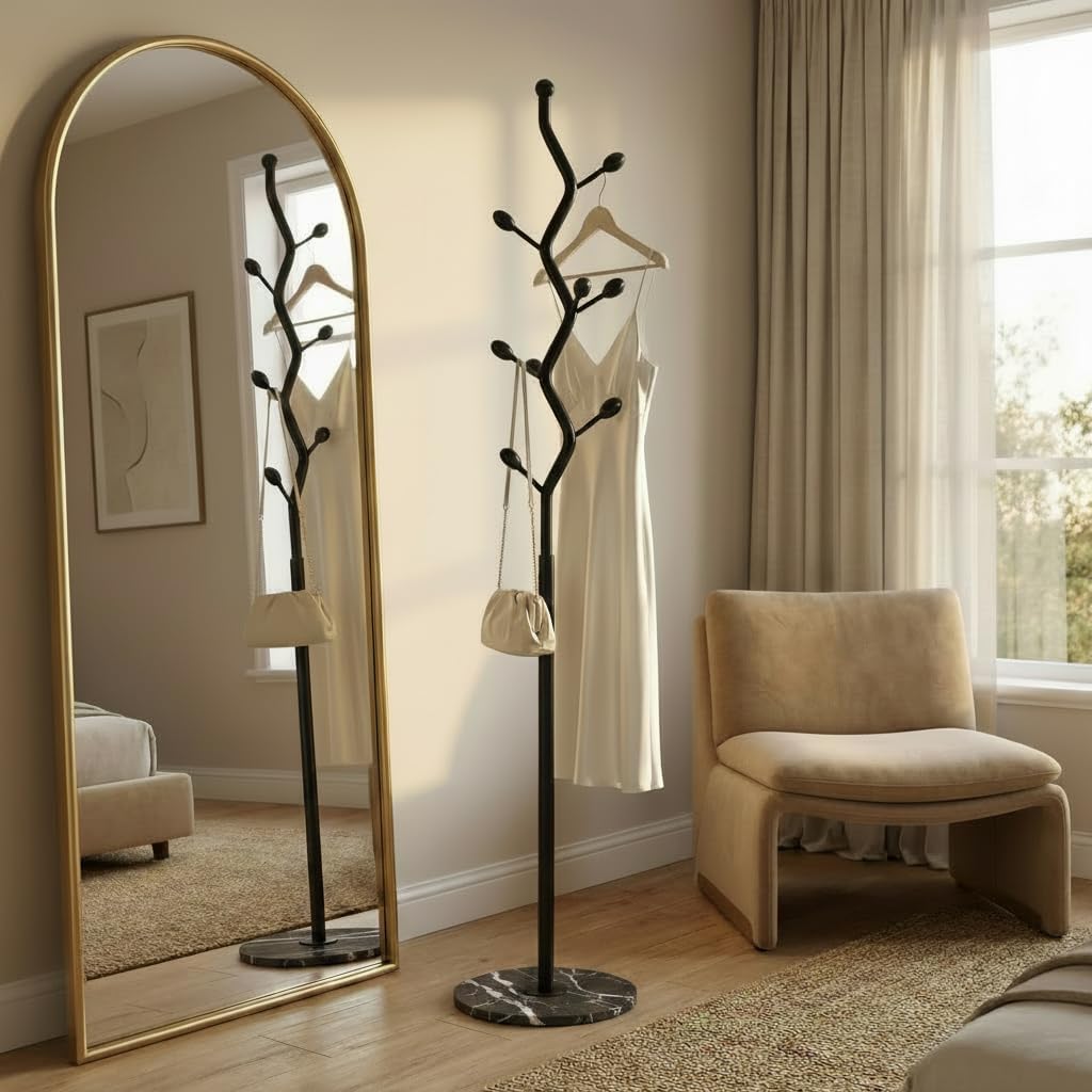 Freestanding Tree Branch Coat Rack with Marble Base, Gold Decorative Standing Coat Rack with 8 Hooks, Sturdy Heavy Duty Metal Coat Hanger Stand for Entryway Bedroom Living Room (All Black)