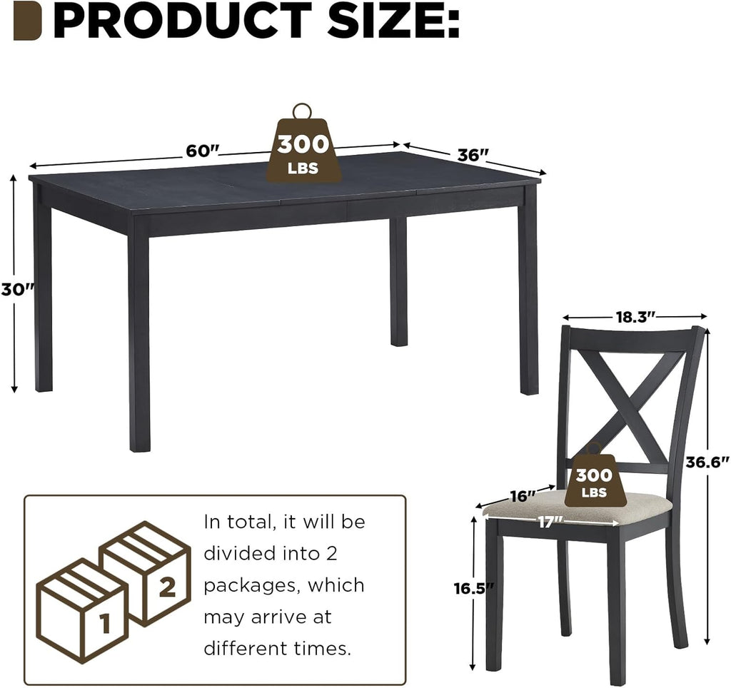 LUXOAK 7-Piece Solid Wood Dining Table Set, 60" Farmhouse Dining Table with 6 Chairs, Rectangular Table Set for 6, Kitchen & Dining Room Furniture, Grey & White