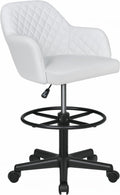 VECELO PU Leather Drafting Chair with Low Back and Footrest Ring, Height Adjustable, Swivel Rolling Wheels, for Drawing/Standing Desk/Office, White