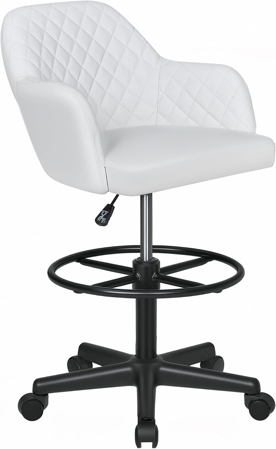 VECELO PU Leather Drafting Chair with Low Back and Footrest Ring, Height Adjustable, Swivel Rolling Wheels, for Drawing/Standing Desk/Office, White