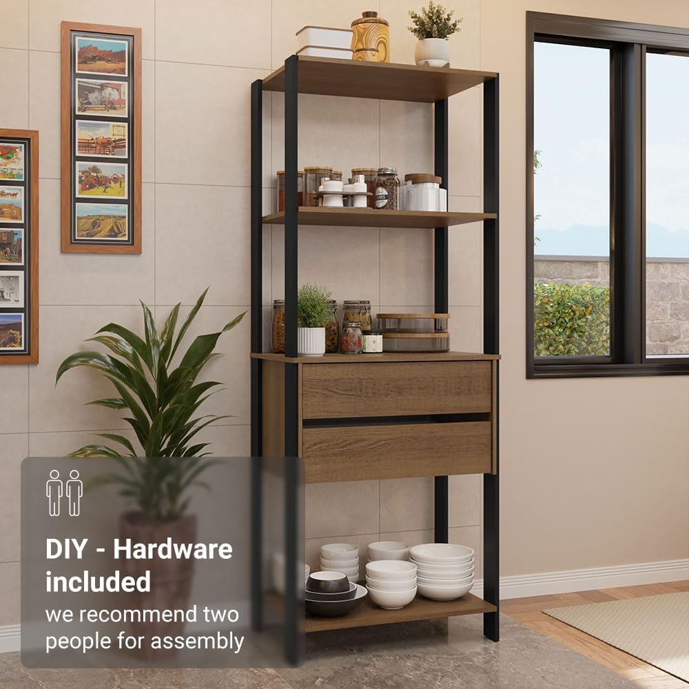 Madesa Kitchen Pantry Storage Rack 27" L with 2 Drawers and Open Shelves Multiuse Cabinet for Kitchen Organization - Black/Brown