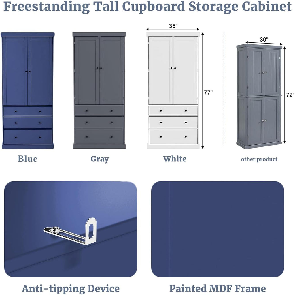 Pantry with 8 Door Shelves and 3 Drawers, 77inch Farmhouse Freestanding Tall Cupboard Storage Cabinet with 3 Adjustable Shelves for Kitchen Room (Blue)
