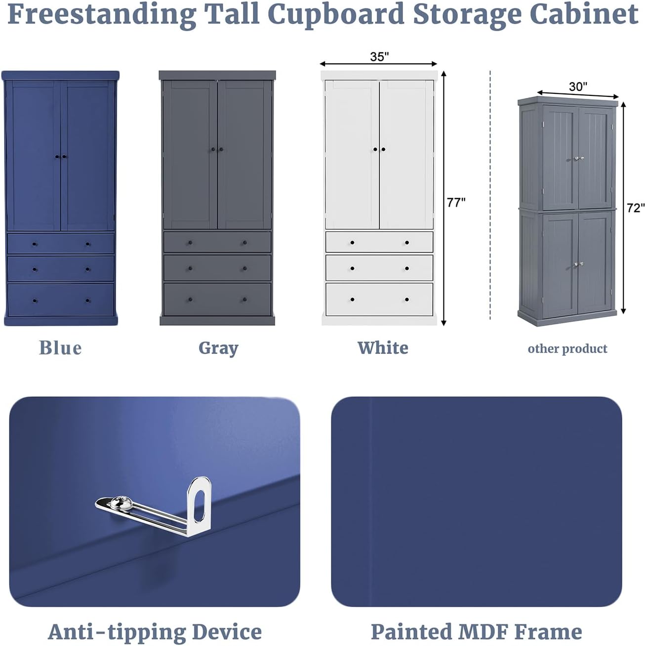 77inch Farmhouse Kitchen Pantry, Freestanding Tall Cupboard Storage Cabinet with 3 Adjustable Shelves, 8 Door Shelves, 3 Drawers for Kitchen, Dining Room, Blue