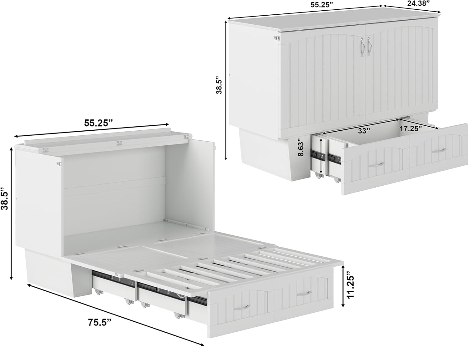 AFI, Nantucket Full Size Murphy Bed Chest with Mattress, Storage Drawer and Built-in USB Charger, White