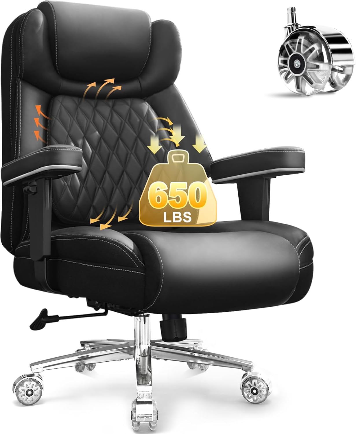 Big and Tall Office Chair 650lbs,Heavy Duty Office Chairs with Dual Rubber Wheels,Extra Wide Desk Chair,Adjustable Ergonomic Lumbar Support,High Back Rocking Computer Chair for Heavy People