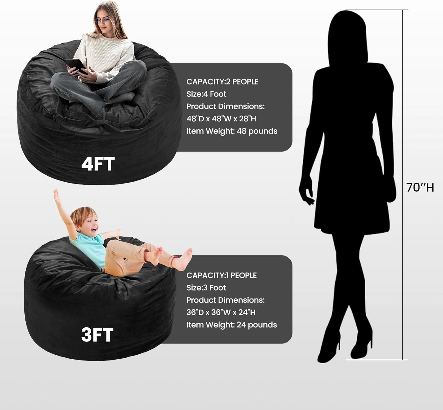Century 3FT Bean Bag Chair - Memory Foam Filled - Removable & Machine Washable Velvet Cover - Giant Bean Bag Sofa for Adults, Teens & Kids, Perfect for Gaming, Bedroom, Living Room & Dorm (Black)