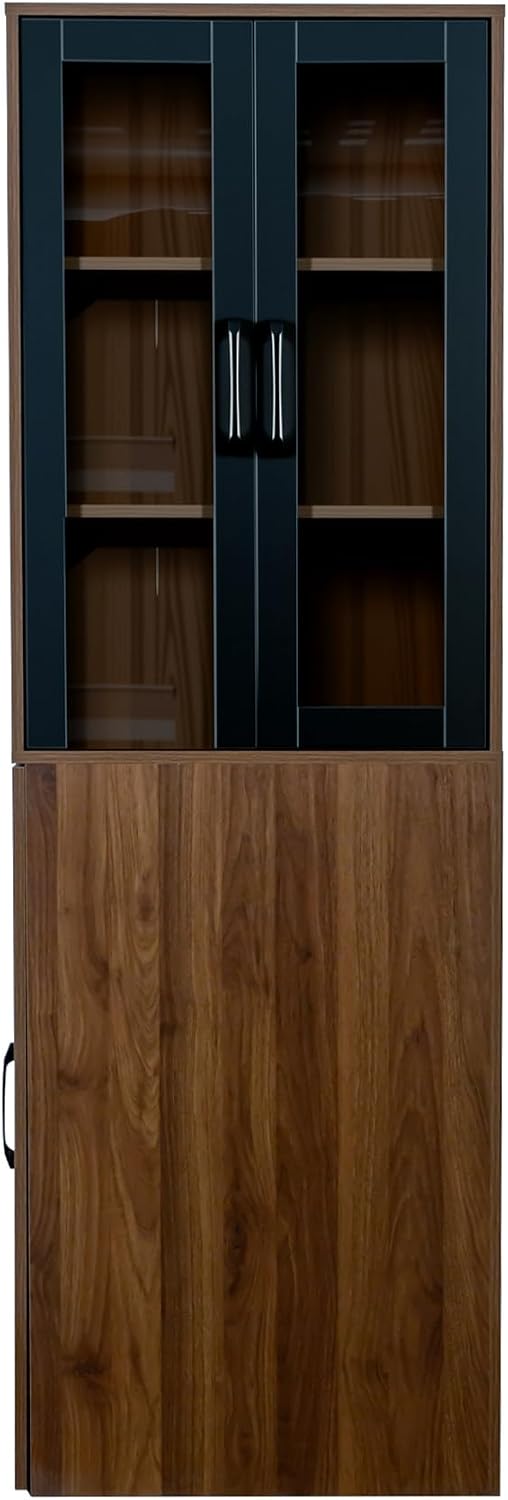 LUMISOL Tall Kitchen Pantry Cabinet with 4 Tier Pull-Out Storage Shelf, Kitchen Hutch Wooden Tall Bookshelf with 2 Glass Doors, Modern Display Storage Cabinet for Living Room Dining Room, Walnut
