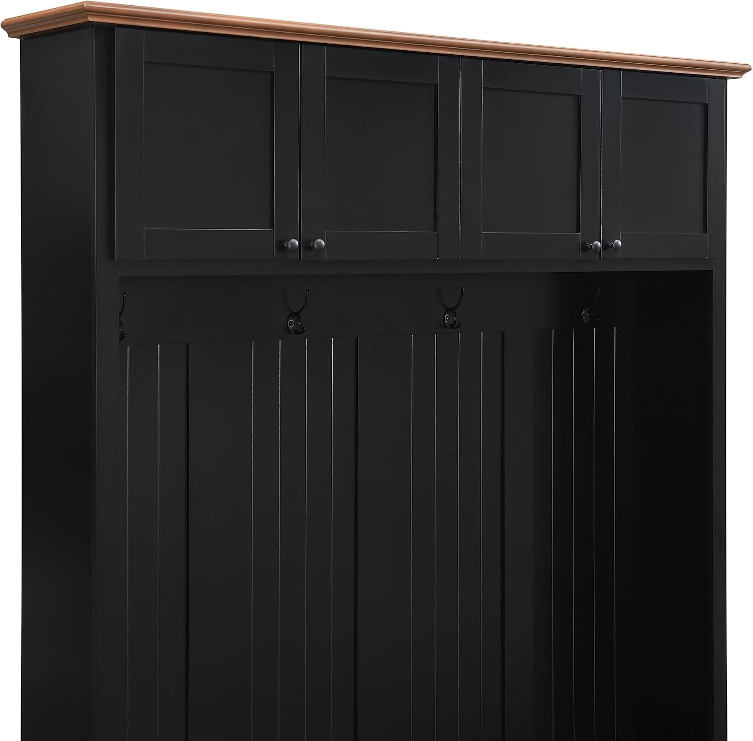 VilroCaz Modern 59''W Hall Tree with Bench and Storage, Farmhouse Wood-grain Accent 4-in-1 Hall Tree with Top Cabinets, Coat Racks and Hooks for Hallway Living Room Mudroom (Black-4DM)
