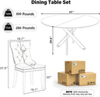 RGZ Farmhouse White Round Dining Table Set for 4, 47'' Retro Rustic Circular Kitchen Table Set, 5 PCS Dinner Room Set with 4 Blue High-end Tufted Chairs, for Apartment, Home, Leisure