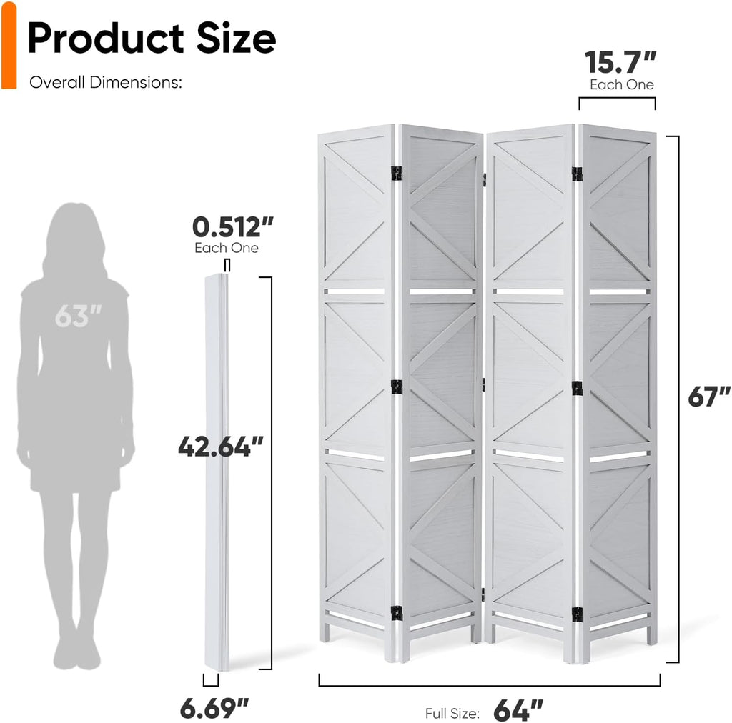 Modern Room Divider with Shelves, White X-Shape Design Folding Partition, 8-Panel Contemporary Freestanding Divider for Bedroom&Office, 67" H x 125.6" W(Two Independent 4-Panel partitions)