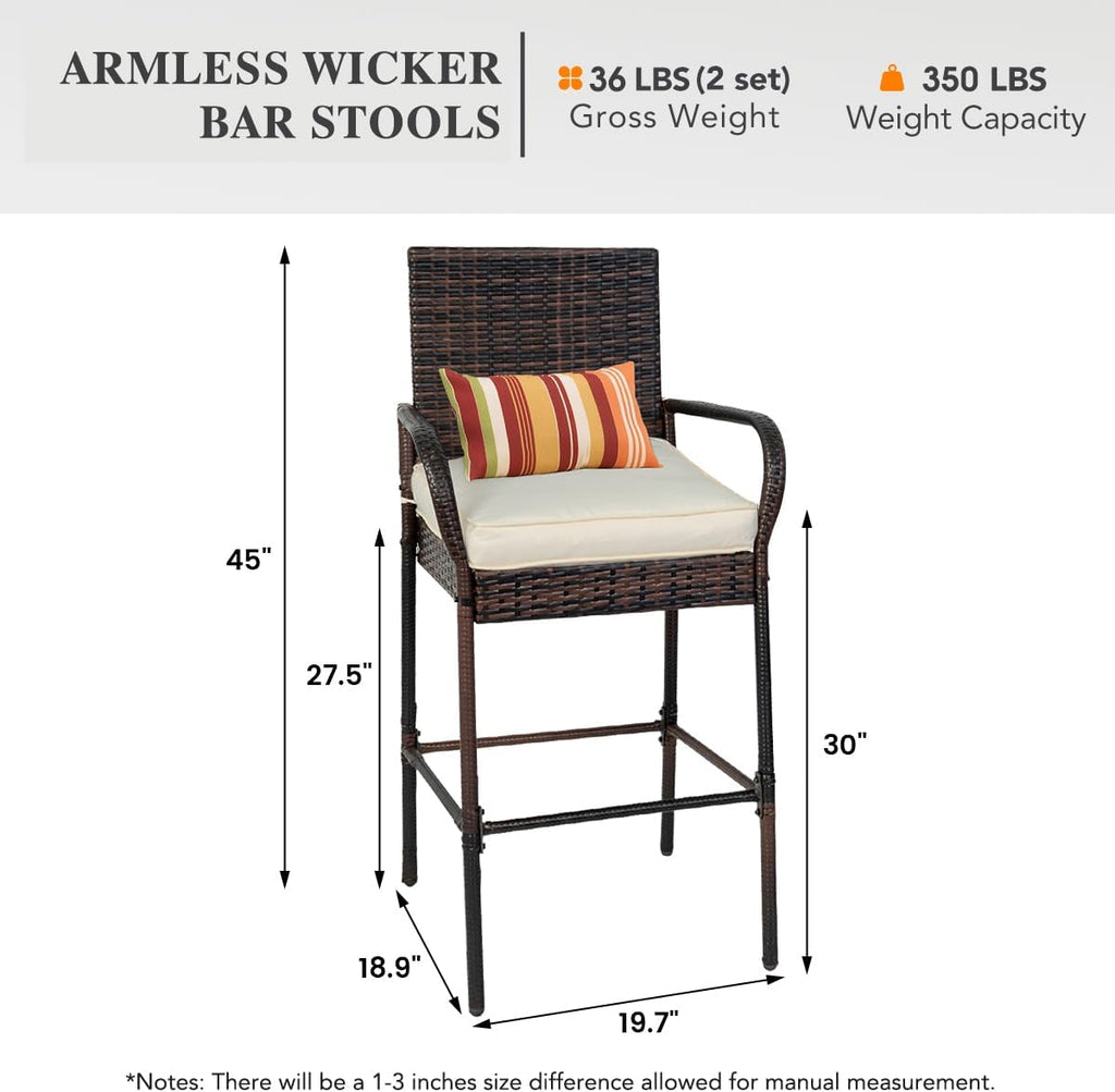Sundale Outdoor Wicker Bar Stool Set of 4, Patio Counter Height Pub Chair with Arms, High Top Rattan Barstool, Cushion Beige, All-Weather Outdoor Rattan Furniture (Brown&Beige, Small Seat - 4 Stools)