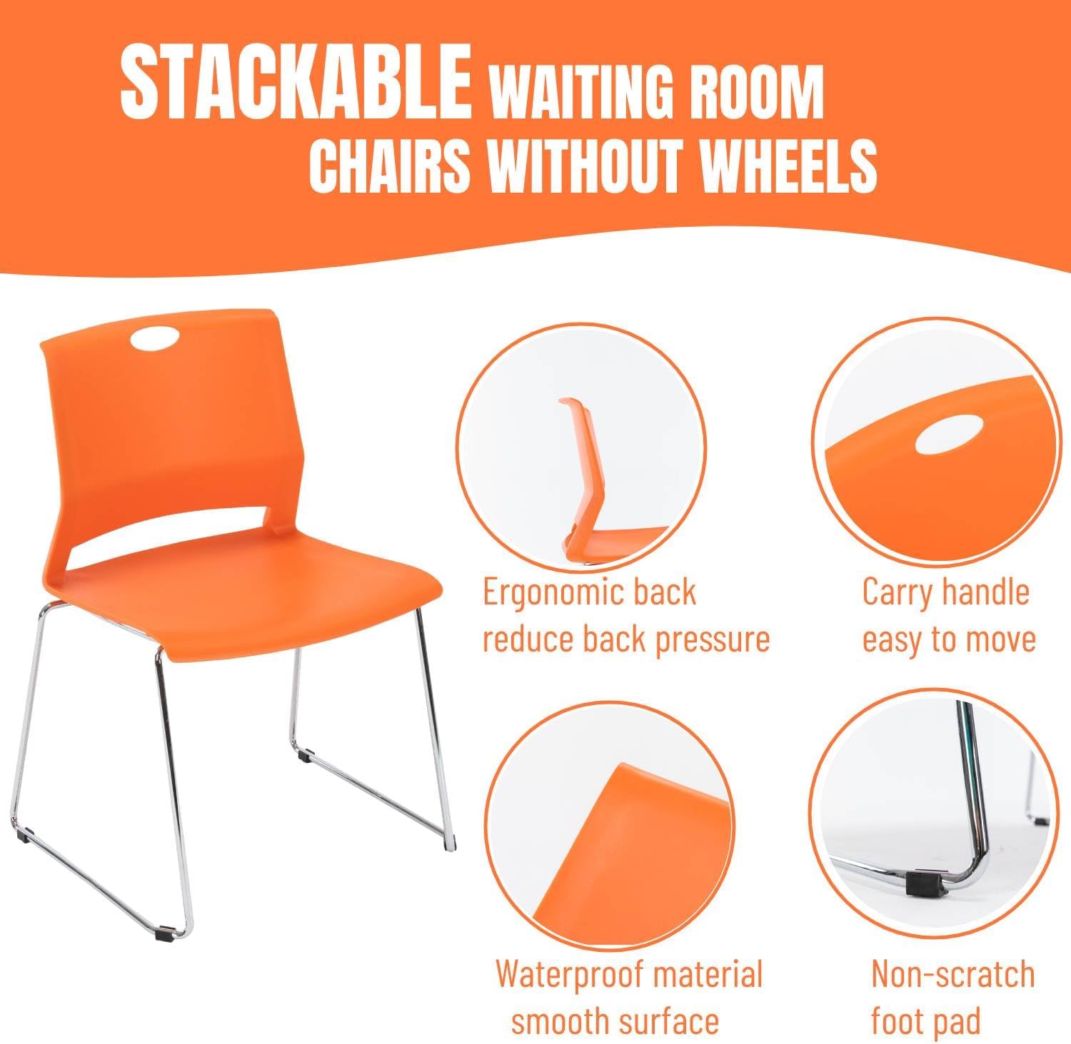 Set of 4 Stackable Chairs with Sled Base Reception Guest Chair Stacking Chairs for Office/Waiting Room/Conference Room/Guest Reception/Events/Churches, Orange.