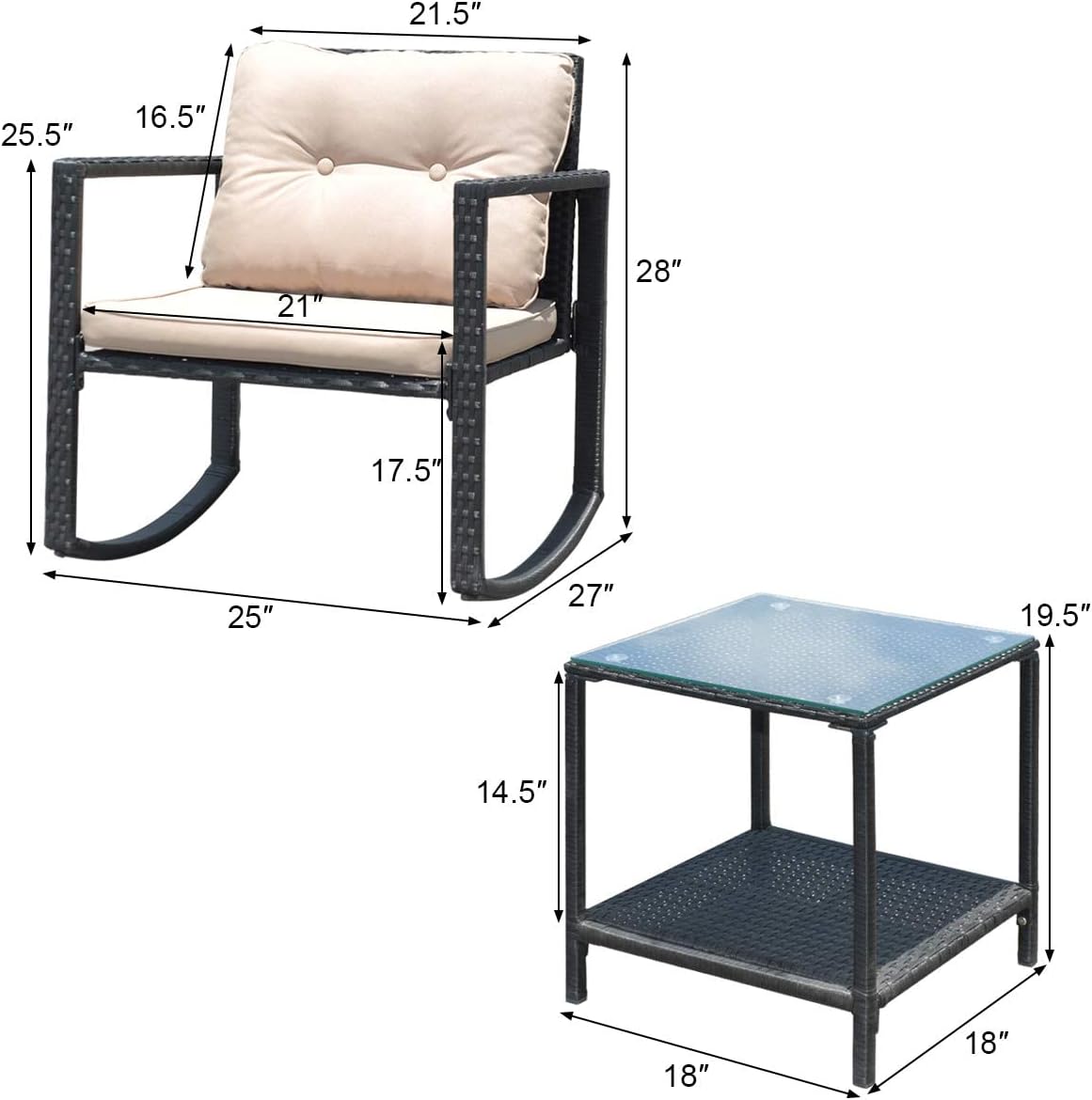 HAPPYGRILL 3-Piece Rocking Bistro Set Outdoor Patio Rocking Chairs with Coffee Table, Rattan Wicker Furniture Conversation Set for Garden Lawn Backyard Balcony