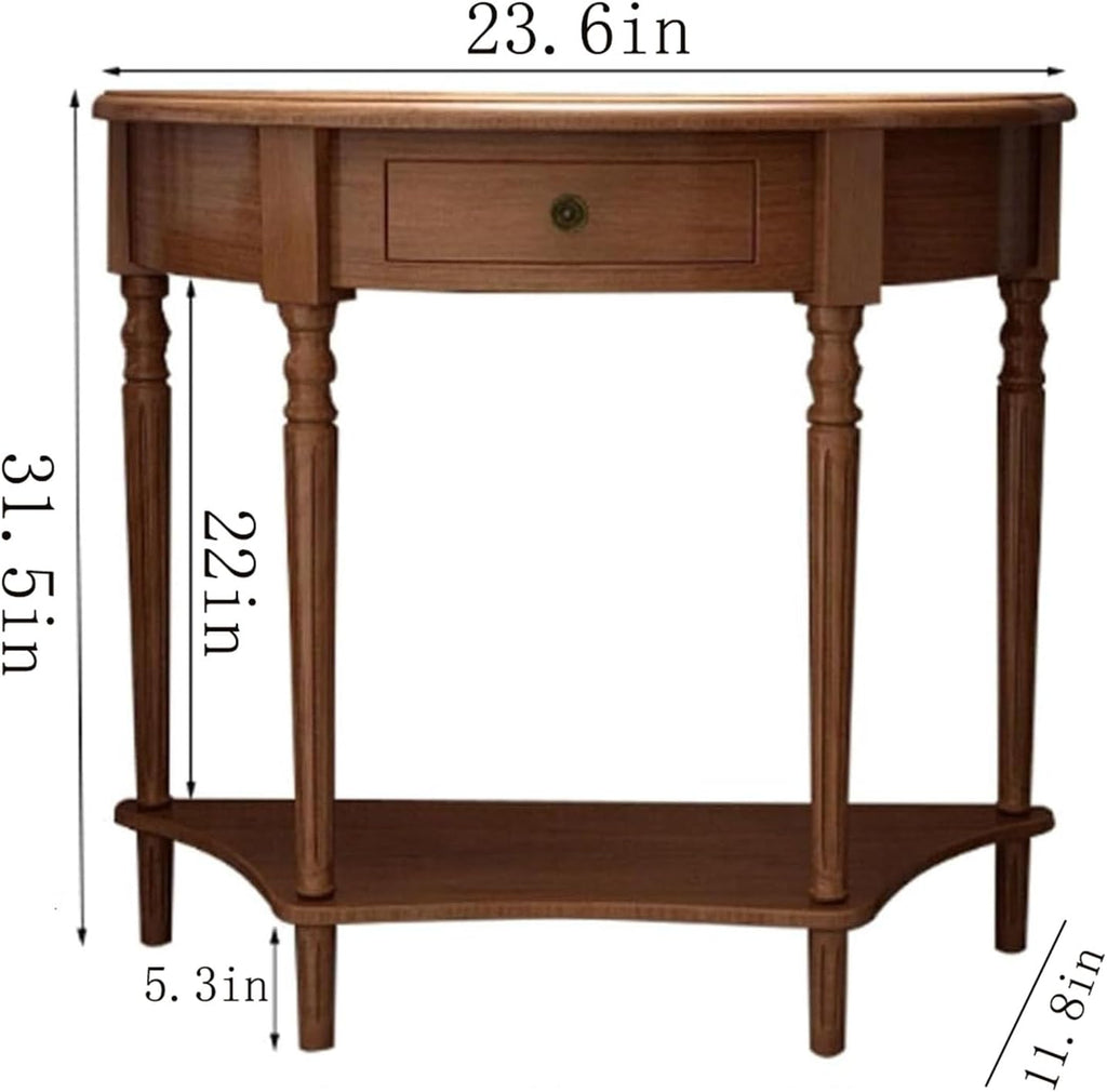 Half Moon Table, Table Solid Wood with Drawer Half-Moon Porch Side Elegant Vintage, Semi-Circle Entryway Storage Shelf, for Hallway Entrance Decor(Walnut-Colored, 23.6" L x 11.8" W x 31.5" H)