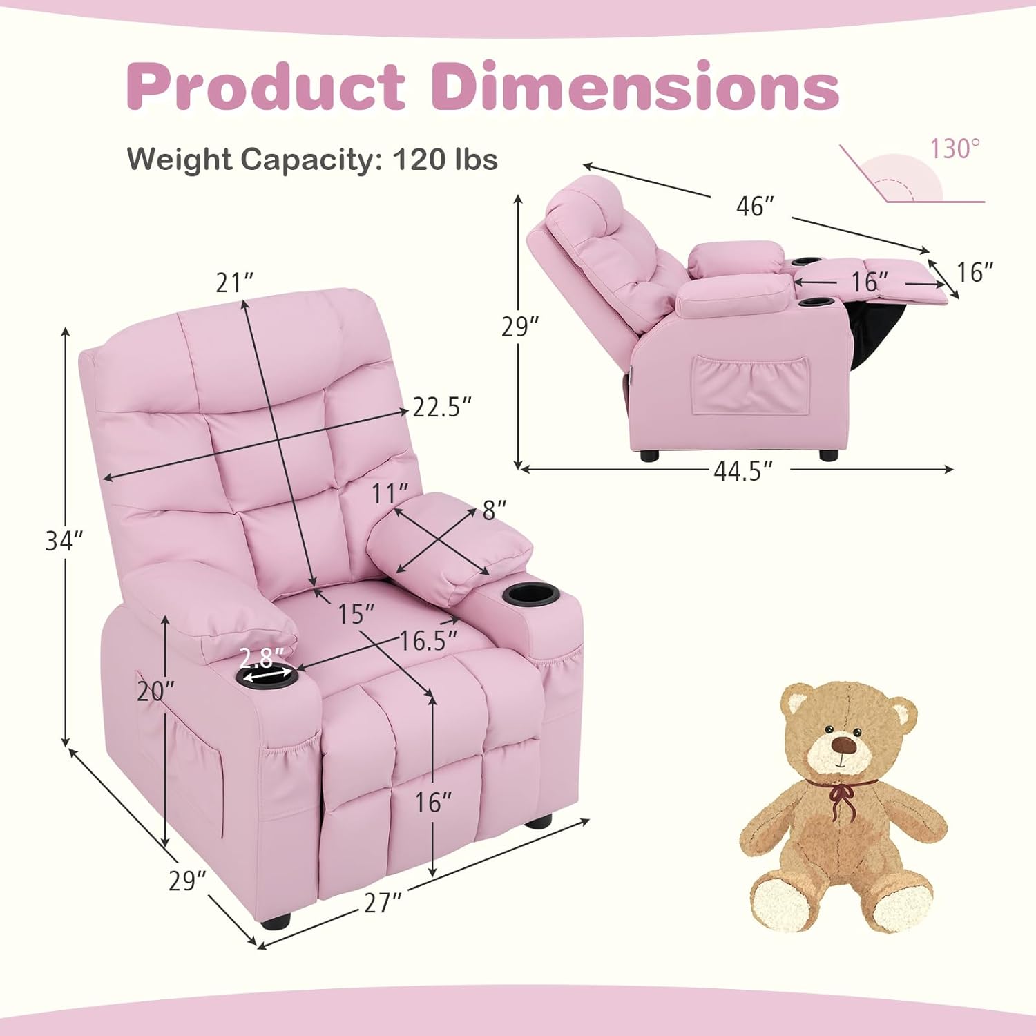 Kids Recliner, Kids Recliner Chair w/ 2 Cup Holders, PU Leather Chairs Comfy w/Adjustable Backrest & 3 Pockets, Toddler Furniture Sofa for Boys Girls Aged 3+