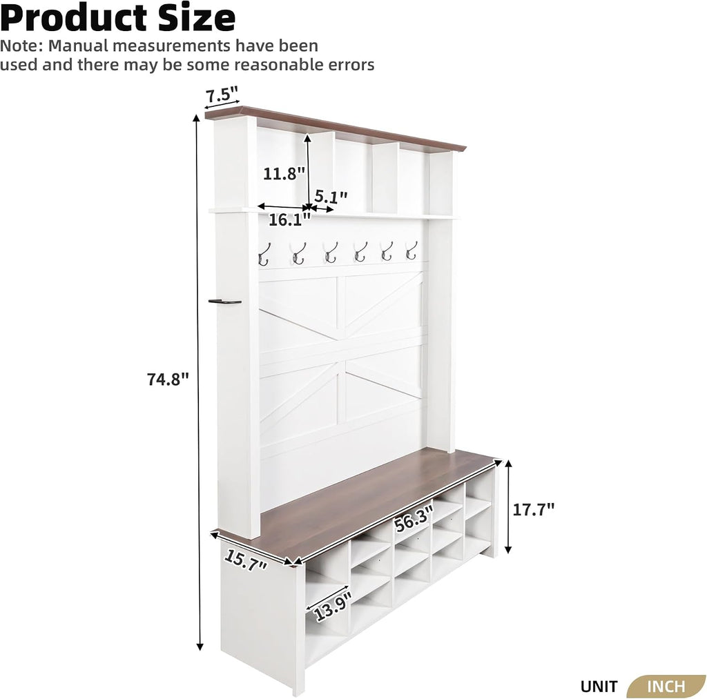 Merax Farmhouse Wood Hall Tree with 6 Hooks and Entryway Shoe Bench, 4-in-1 Coat Rack with 16 Open Compartments & Adjustable Shelves, for Entrance, Hallway, Mudroom, White