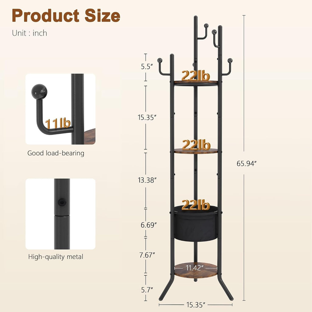 Hoctieon Coat Rack Freestanding, Round Coat Rack with 3 Wooden Shelves and 1 Fabric Basket, Metal Clothes Tree with 5 Hooks, Coat Hanger Stand for Clothes, Hats, Bags, Brown and Black