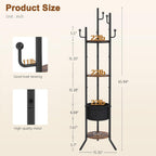 Hoctieon Coat Rack Freestanding, Round Coat Rack with 3 Wooden Shelves and 1 Fabric Basket, Metal Clothes Tree with 5 Hooks, Coat Hanger Stand for Clothes, Hats, Bags, Brown and Black